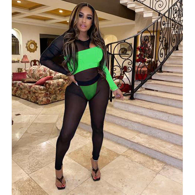 ANJAMANOR Sexy Jumpsuit Women Club Outfits Neon Orange Black Sheer Mesh Block Long Sleeve Bodycon Jumpsuits D37-AE04 T200509