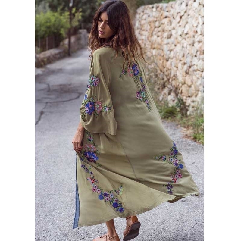 Embroidered Kimono Kaftan Open Front Tie Waist Trench Women Beach Top Contrast Binding Summer Long Trench Coats Outwear 201102
