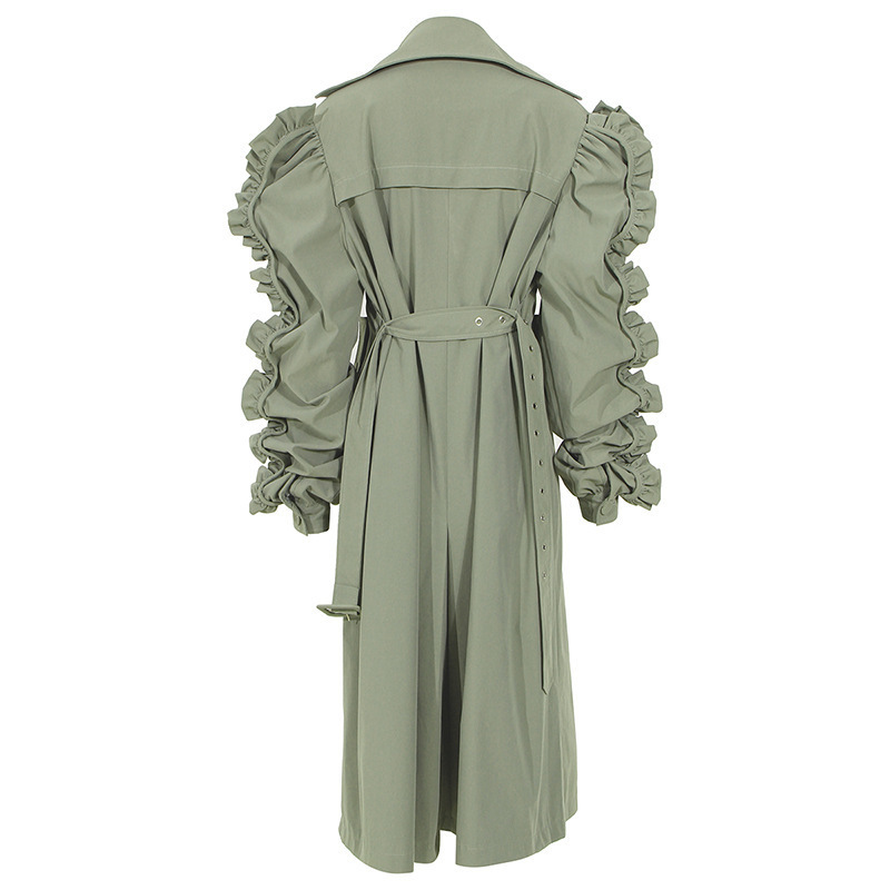DEAT turn-down collar ruffles patchwork full sleeves shoulder high waist double breasted waist belt female windbreaker WO03106L 201211