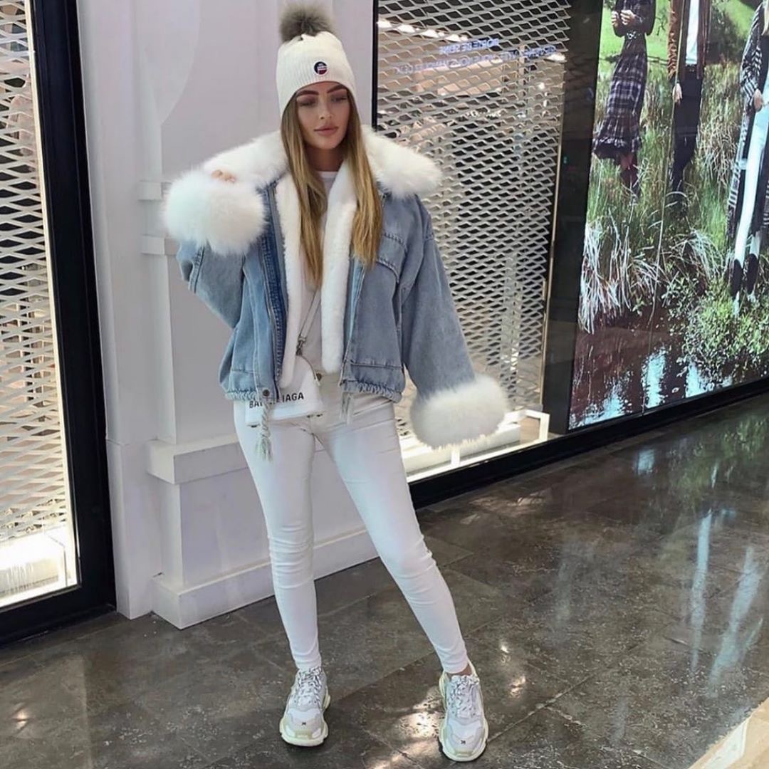 Women Denim Jacket Faux Fur Collar Long Sleeve Casual Thick Winter Outwear Loose Streetwear Woolen Elegant B2