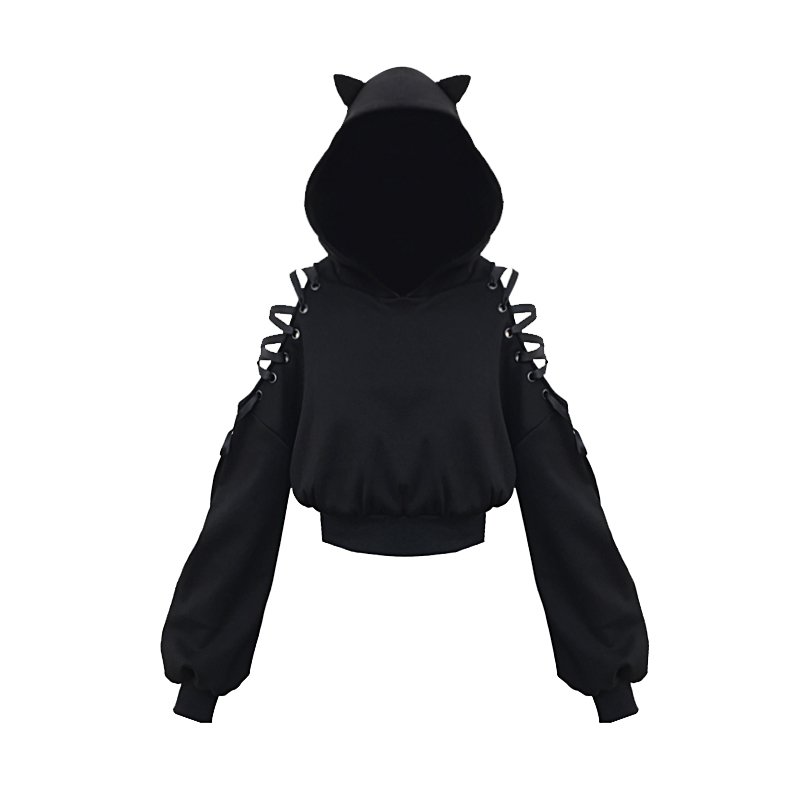 Punk Gothic Girls Black Long Sleeve Hooded Sweatshirt Casual Pullover Hollow Out Lace up Cute Cat Ear Hoodies Y200706
Punk Gothic Girls Black Long Sleeve Hooded Sweatshirt Casual Pullover Hollow Out Lace up Cute Cat Ear Hoodies Y200706