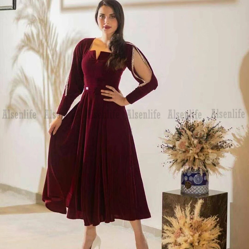Traditional Kosovo Albanian Short Prom Dress A Line Long Sleeves Velvet Arabic Evening Party Gowns Cocktail Dress