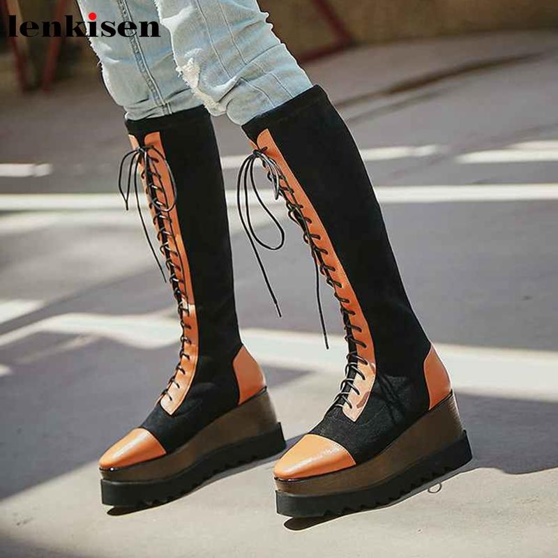 Lenkisen preppy style lace up flock high heels square toe thick bottom mixed colors waterproof winter women knee high boots L18, Black
Lenkisen preppy style lace up flock high heels square toe thick bottom mixed colors waterproof winter women knee high boots L18, Black