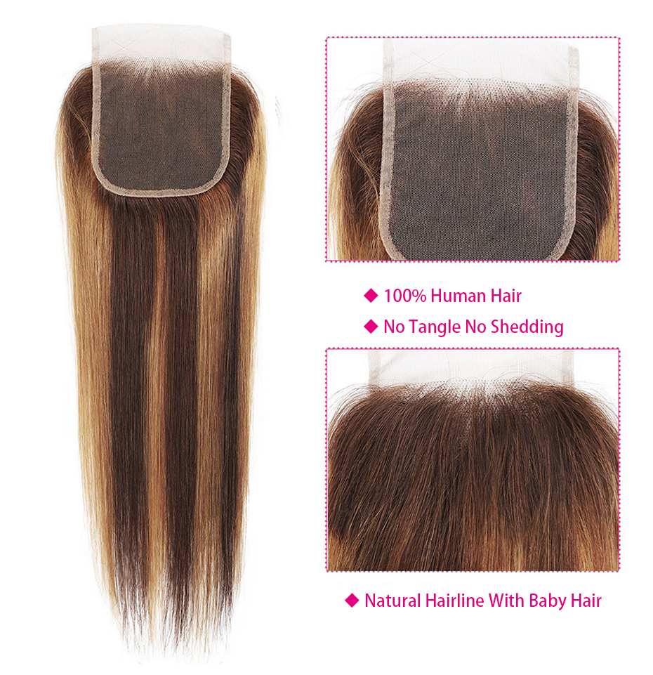 5X5 Transparent Lace Closure 4/27 Highlight Closure Brazilian Body Wave With Baby Hair Pre-Plucked Honey Blonde