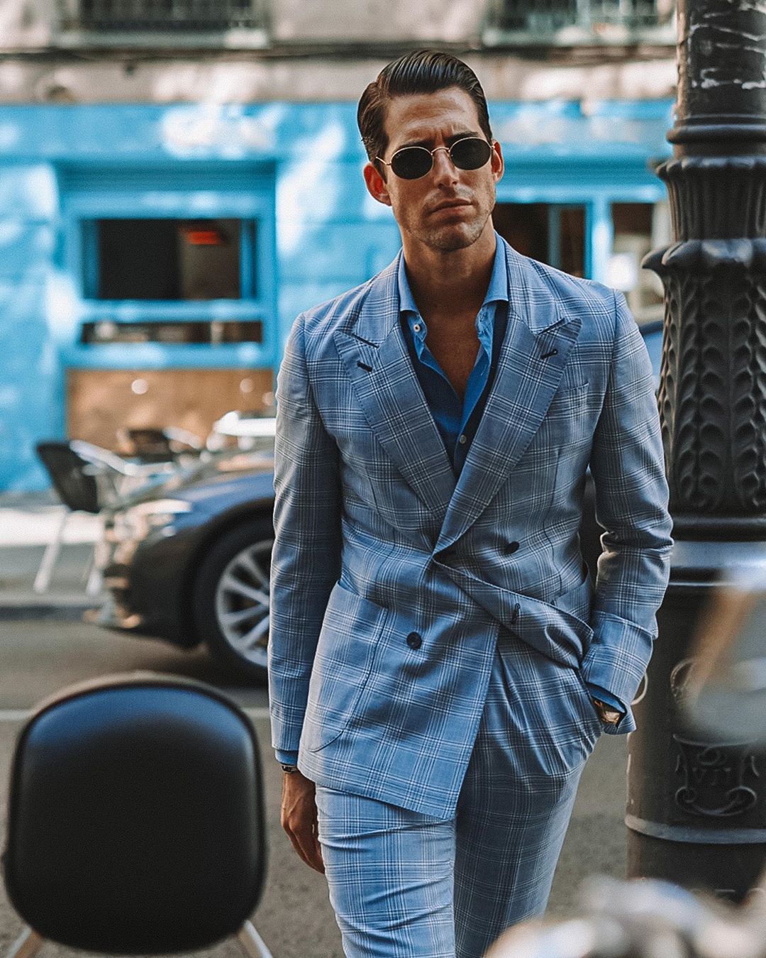 Winter Blue Plaid Mens Suits High Quality Slim Fit Double Breasted Peaked Lapel Check Groom Men Prom Party Blazer Jacket(jacket+pants)