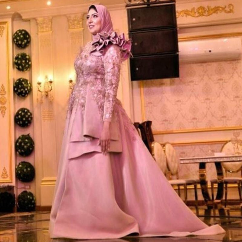 Pink A Line Muslim Evening Dresses Plus Size Arabic Aso Ebi Lace Beaded Prom Gowns Ruffles Long Sleeve Handmade Special Occasion Dress