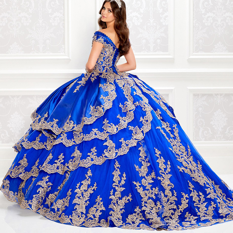 Off the Shoulder Royal Blue Quinceanera Dresses With Gold Appliqued Ball Gowns Prom Dresses Lace-up Sweet 16 Party Gowns