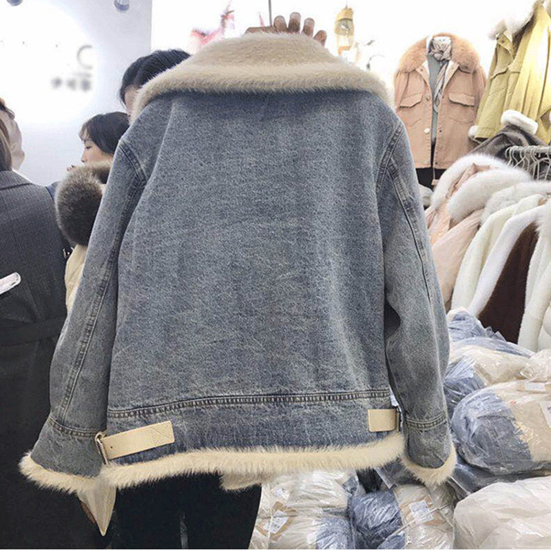 Womens Winter Lamp Wool Liner Faux Fur Coat With Jeans Denim Jacket Turn Dowm Collar Outerwear Coats Basic Jackets Women Cowboy T200915