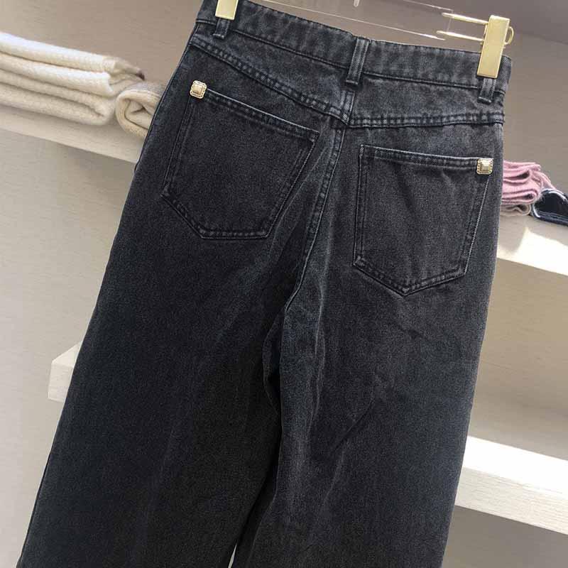 Cosmicchic 2020 Black Jeans High Waist Gold Buttons Women Trousers Ankle-Length-Pants Wide-Leg-Pants Runway Autumn Winter Casual