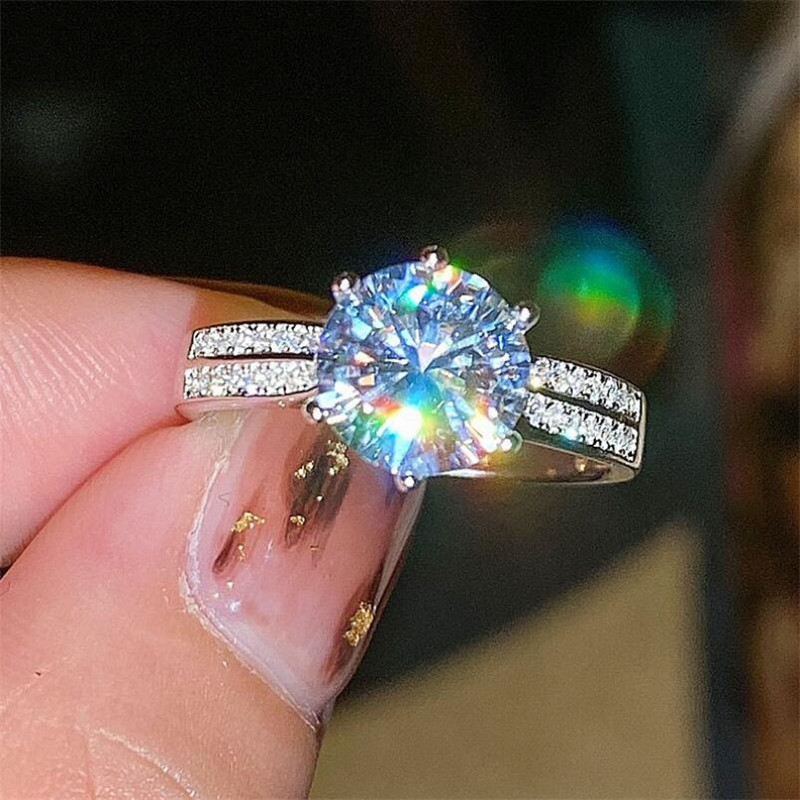 Stunning Luxury Jewelry 925 Sterling Silver Party Large Round Cut White Topaz CZ Diamond Moissanite Women Wedding Engagement Band Ring Gift