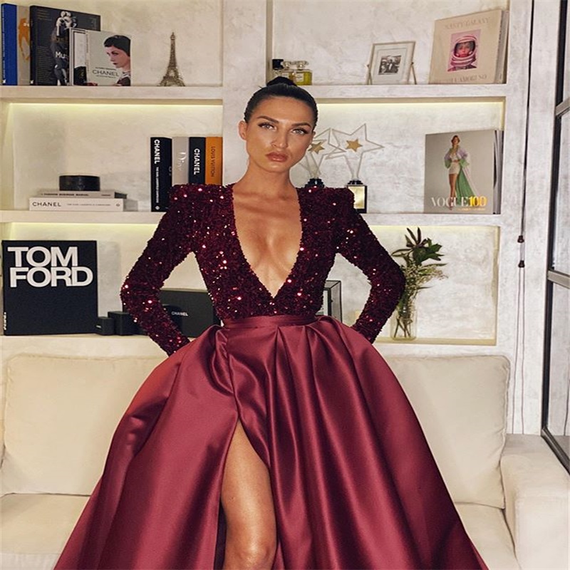 Luxury Red Prom Dresses Sexy V Neck Glitter Sequins Beads Ruffles Satin Evening Dresses Long Sleeves Custom Made Party Dress