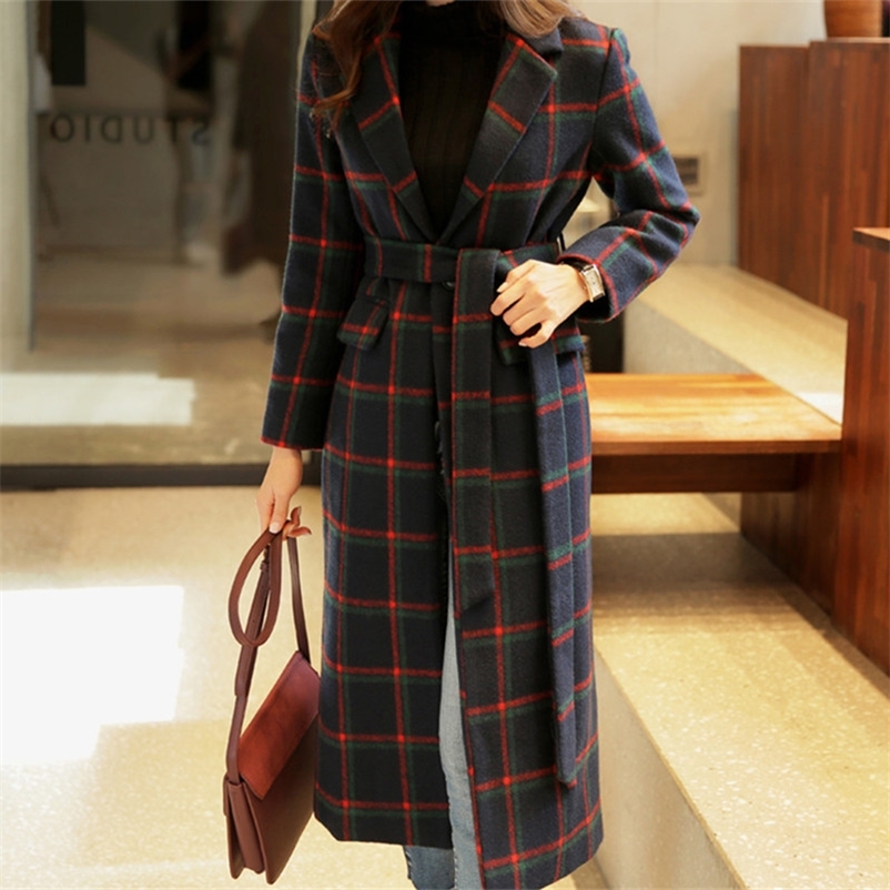 High Quality Winter Wool Blends Coat Belt Female Long Houndstooth Over The Knee Woolen Overcoat paszcz damski manteau femme 201223