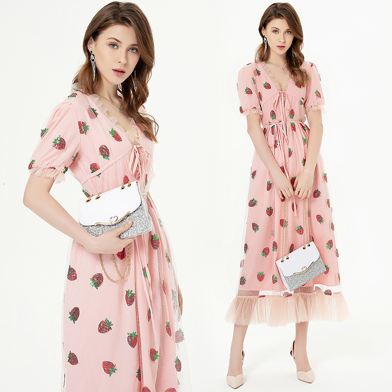2021 New S-xxl Strawberry Sequined Embroidery Women V-neck Sleeve Bow Cute Cascading Ruffles Pink Mesh Long Plus Size Fbig, As picture
2021 New S-xxl Strawberry Sequined Embroidery Women V-neck Sleeve Bow Cute Cascading Ruffles Pink Mesh Long Plus Size Fbig, As picture