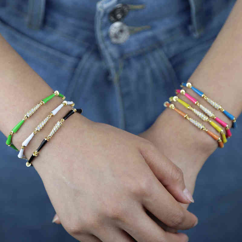 High Quality Gold Color Summer Winter Selling Rainbow Colorful Jewelry Neon Enamel Bullet Beaded Bracelet 220117