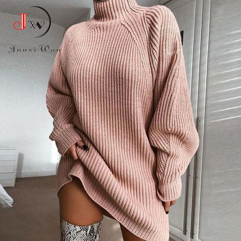 Women Turtleneck Oversized Knitted Dress Autumn Solid Long Sleeve Casual Elegant Mini Sweater Dress Plus Size Winter Clothes 201110