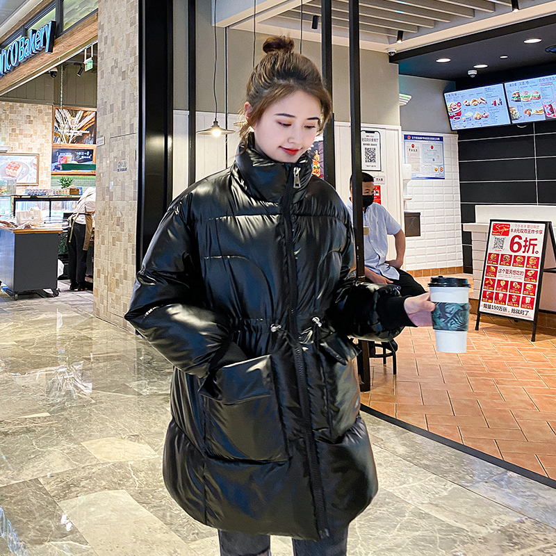 Long Parkas Female Winter Stand Collar Oversized Shiny Women's Jackets Solid Thick Big Pockets Loose Casual Overcoat Female 201214
