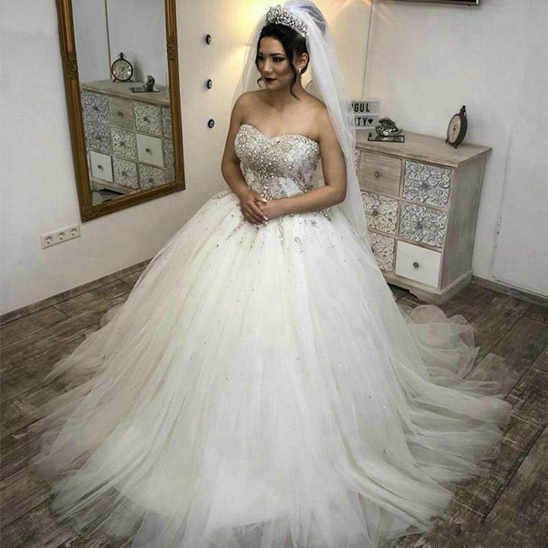 Crystals Dresses Beaded Sweetheart Necke Tulle Sweep Train Custom Made Ballgown Wedding Bridal Gown Vestido De Novia