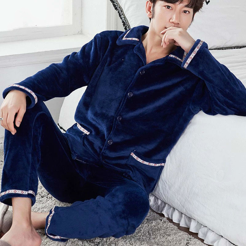 Men Pajamas Winter Flannel Pajama Set Plus Size 3XL Coral Fleece Casual Thick Homewear Warm Sleepwear Boys Pijama Mujer 201111