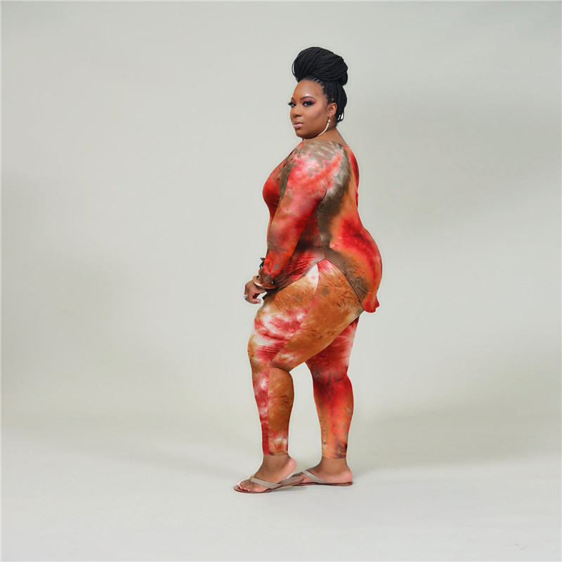 Plus size 3X 4X women bigger size tie dye two piece set fall winter tracksuits pullover sweatshirt+pants casual sportswear sweatsuits 4057