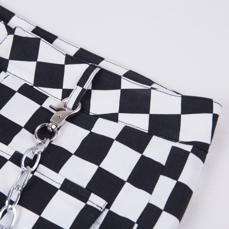 Vangull Women Checkerboard Plaid Joggers Pants Fashion Hip Hop High Waist Loose Pants Pantalon with Chain Female Plaid Trousers 201106