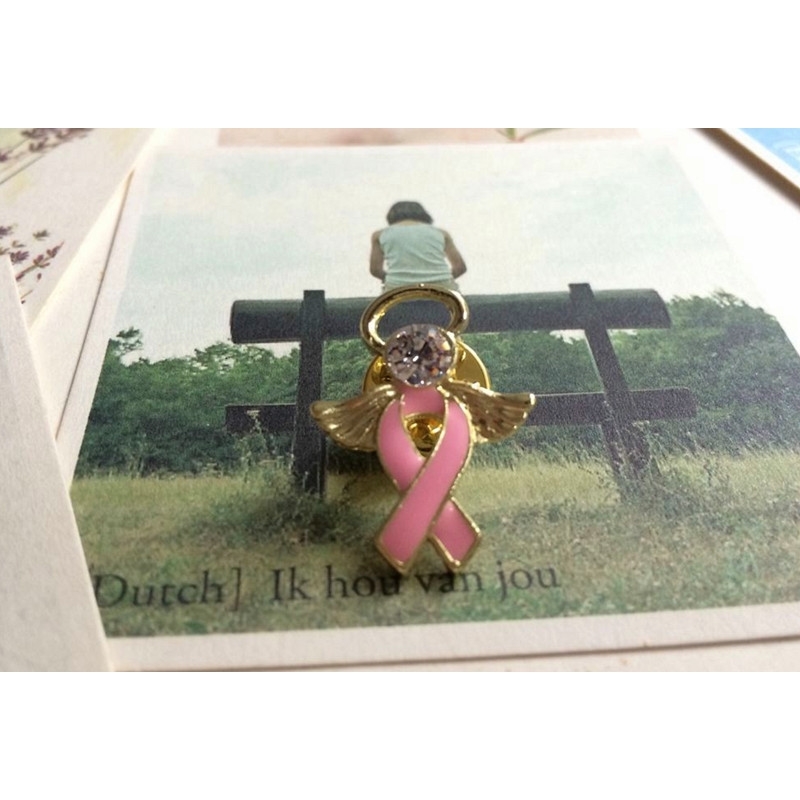 PBR04224 GoldSilver Plated Alloy Crystal Enamel Pink Ribbon Angel Breast Cancer Tac Pin 201009
