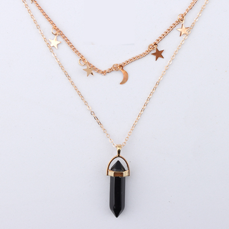 Classic Multilayer Hexagon Prism Natural Stone Pendant Necklace High Quality Gold Chain Star Moon Jewelry for Women