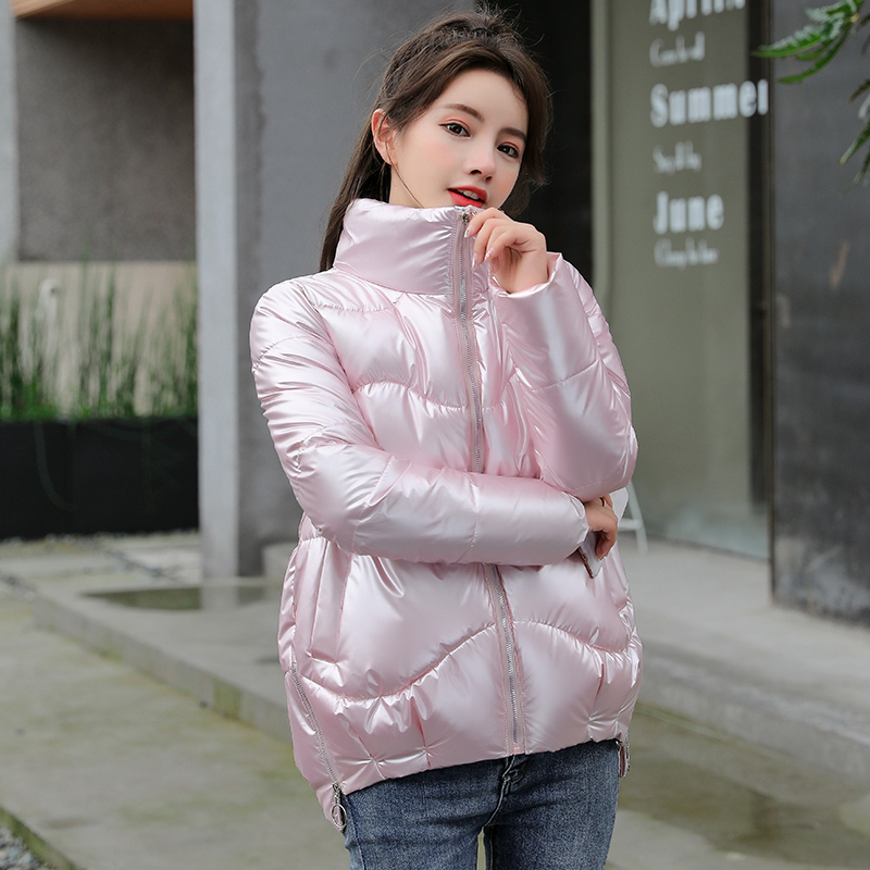 New Short Glossy Parka Winter Jacket Women Fashion Stand Collar Parka Coat Female Office Lady 201019