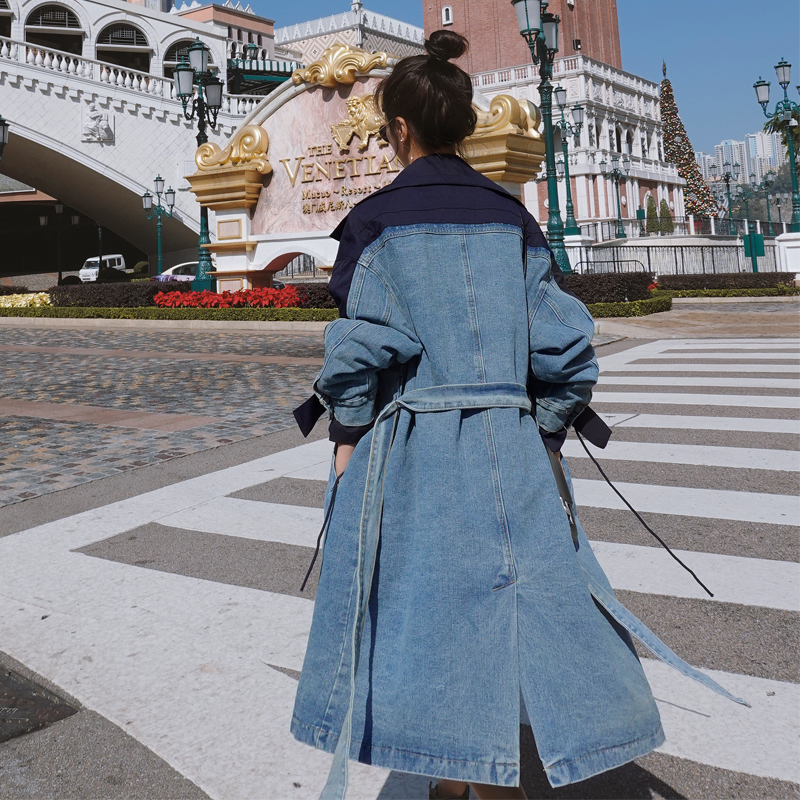 2020 Denim Trench Coat For Women Streetwear Loose Long Coat Women with belt Jeans Trench Coat Female Windbreaker Femme FY71 T200810