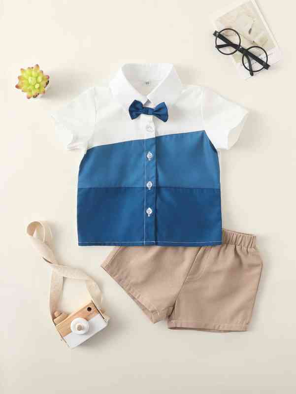 Baby Color Block Bow Front Shirt & Shorts SHE