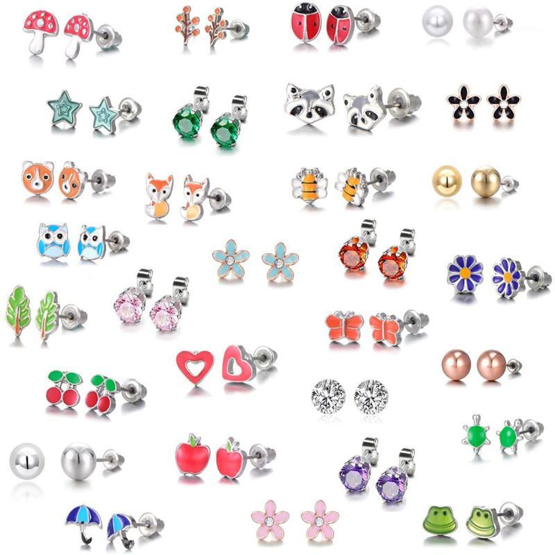 

Stud Luokey 30 Pairs/Set Stainless Steel Earrings For Women Tiny Small Animal Fruit Cute Children Kids Frog Bee Jewelry1