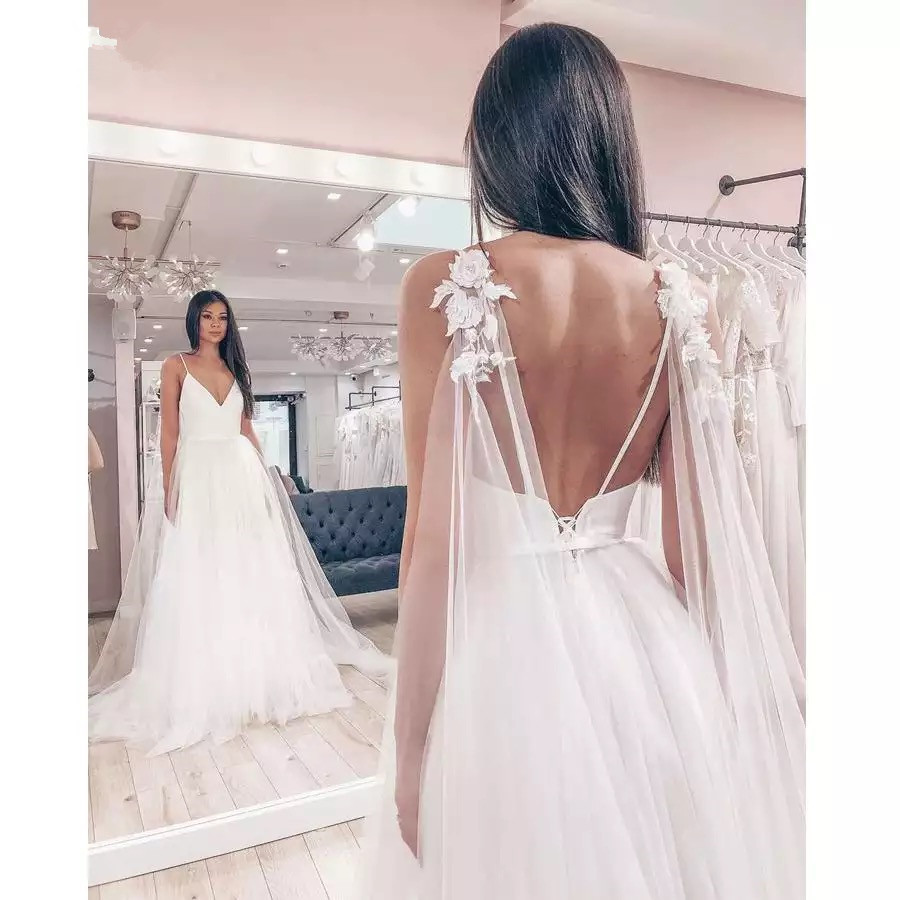 2022 Simple Boho Beach Tulle Wedding Dress Sexy Spaghetti Straps Long A Line Bridal Gowns Summer Backless Bride Formal Dresses Ivory Robes De Mariage