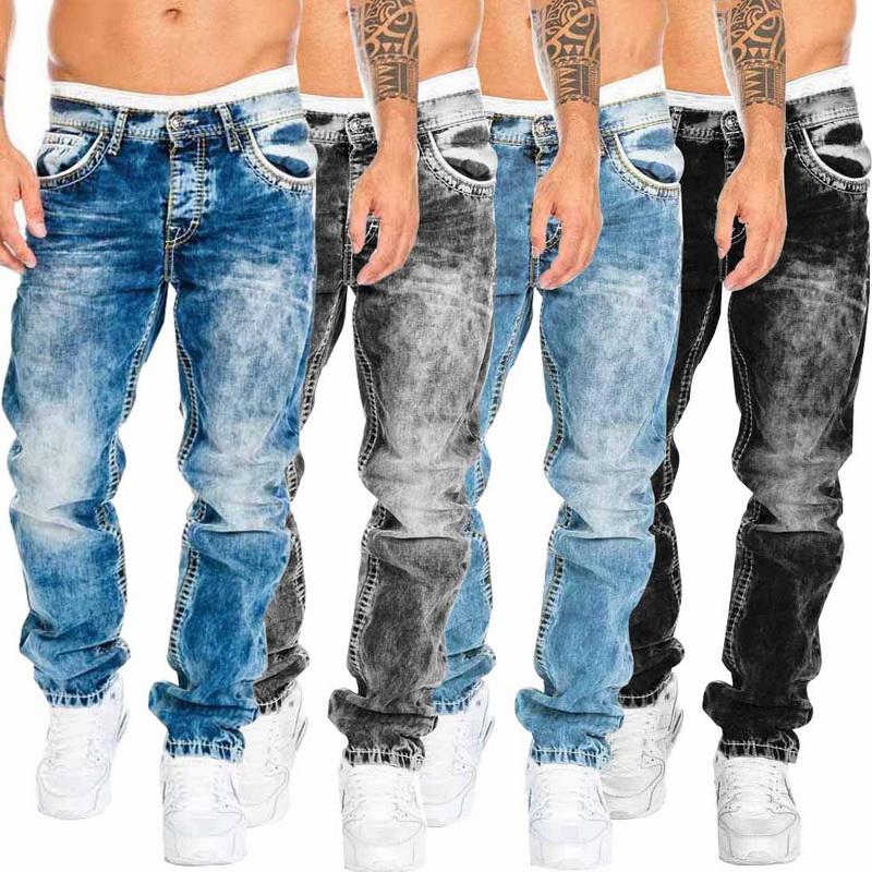 Men's Casual Washed Denim Straight Jeans, Loose Fit Mid-Waist Pocket Pants, Light Blue, Grey, Black - Autumn Fashion B4