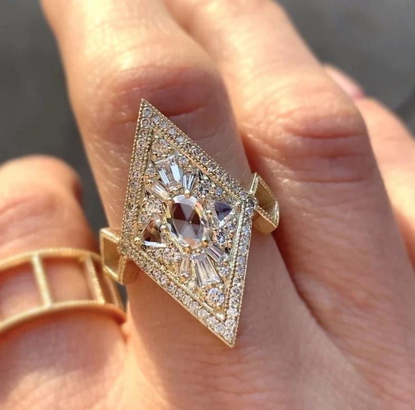 

Wedding Rings Luxury Gold Rhombus Geometric Zircon Engagement Ring Full Bling White Crystal Bride Promise For Women Boho Jewelry