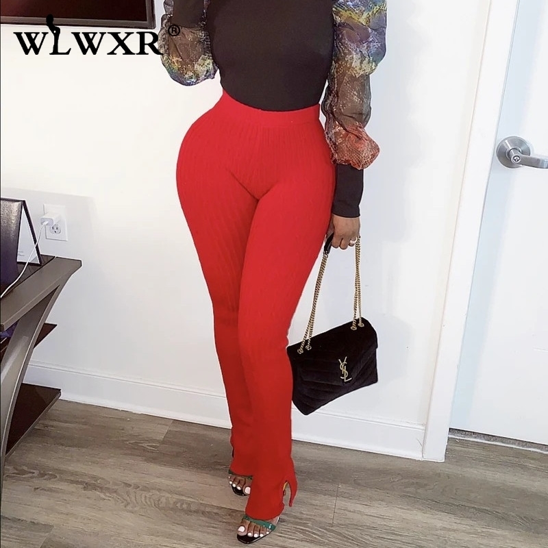 WLWXR Ribbed Knit Sexy Club Bodycon Pants Women Ladies Trousers Black Gery Skinny High Waist Pants Female Wide Leg Flare Pants T200422