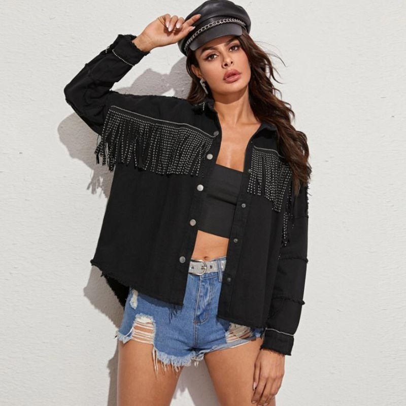 Fringed Frayed Denim Jacket Women New Autumn Winter Lapel Beaded Loose Version Jacket Denim Fashion Casual Jacket Top 201028
