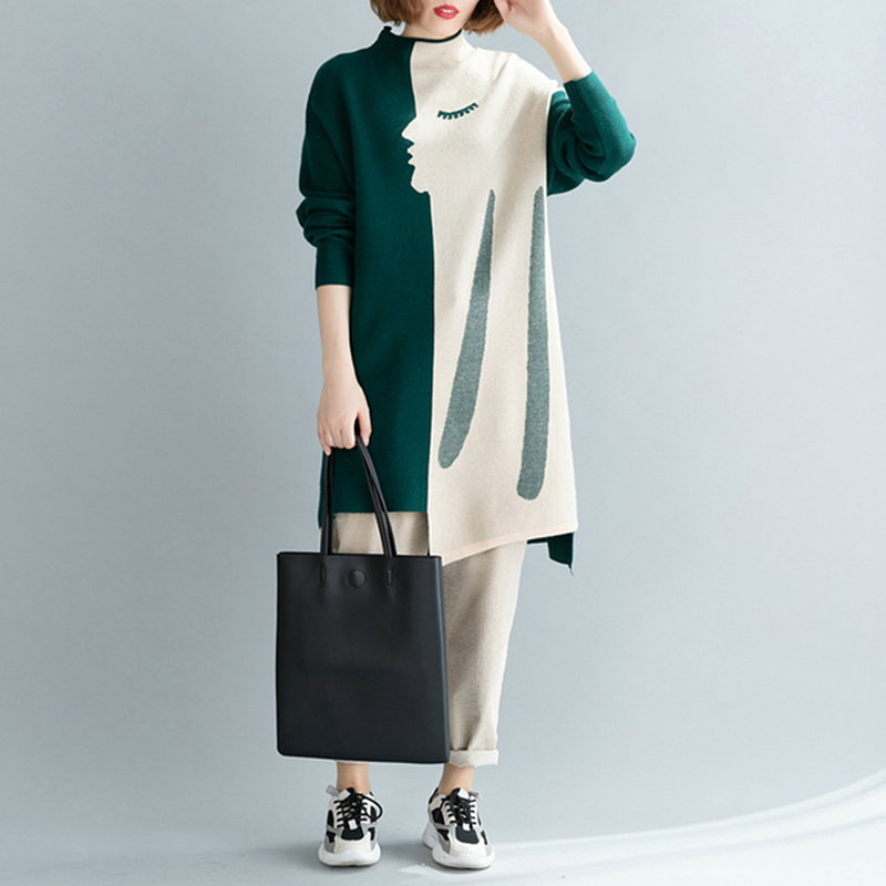 Plus Size Knitted Vintage Women Dress Turtleneck Long Sleeve Oversized Loose Casual Vestidos Autumn Winter Sweater Dresses 200928