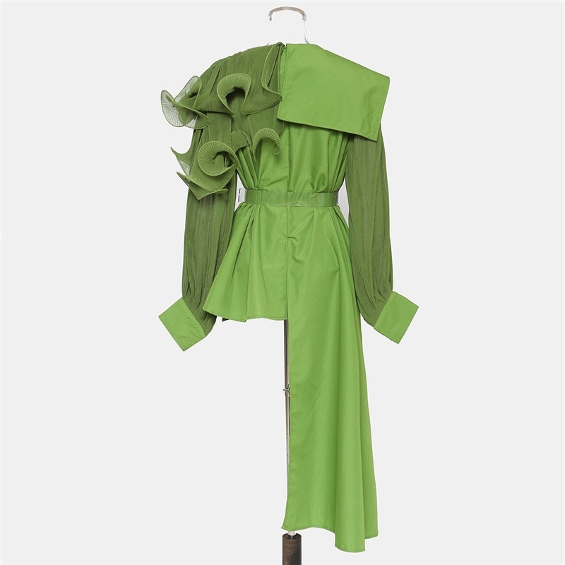 Fashion Chic Women's Blouse Goes Right-wing Fringe Frilly Long Sleeves Green Low-green Transparent Shirts White Belt Tops NEHF H8I8 
Fashion Chic Women's Blouse Goes Right-wing Fringe Frilly Long Sleeves Green Low-green Transparent Shirts White Belt Tops NEHF H8I8