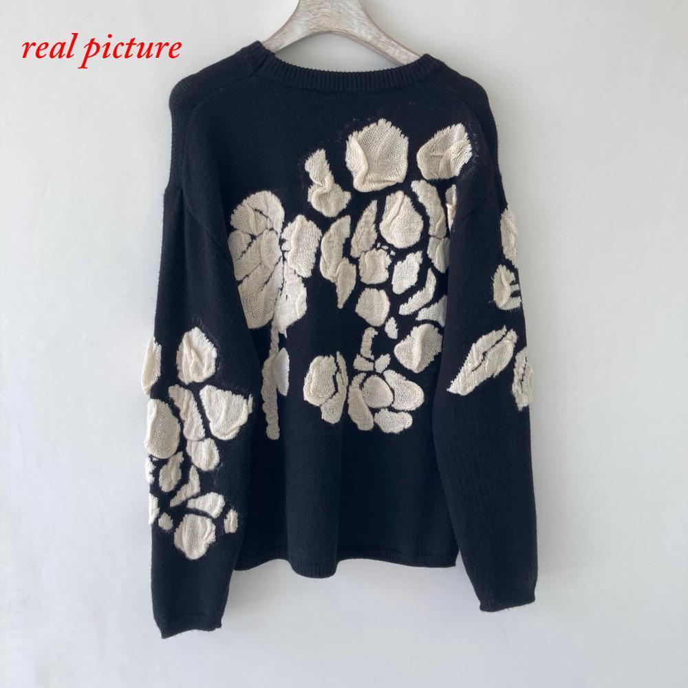 Autumn Winter Floral Print Sweater Women Knitted Pullover Femme Sweaters High Quality Knitted Oversize black Sweater Jumper 201031
