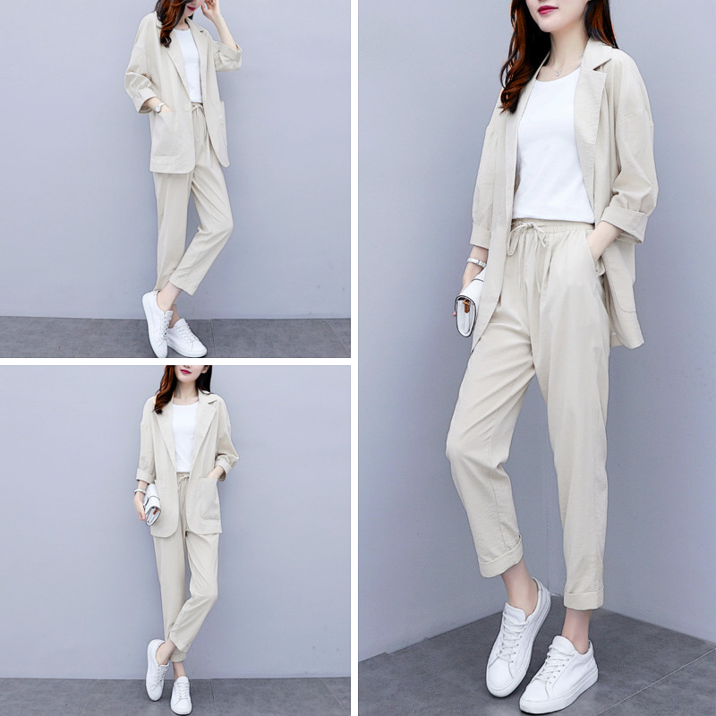 Women Autumn summer Causal 2 piece setssuit Plus Size Solid Cotton and linen Blazer Coat Harem Pants Suits T200716