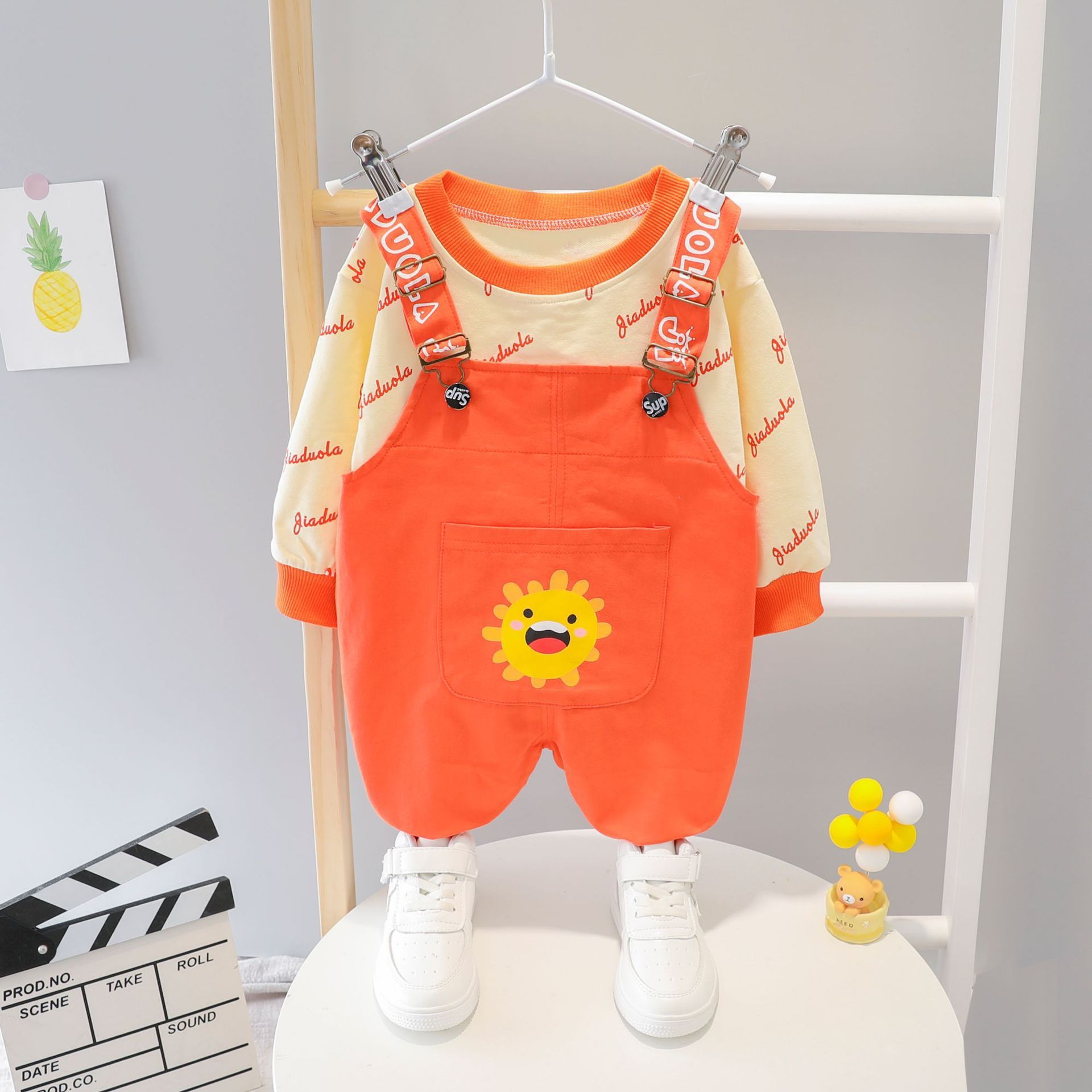 Children Baby Loose T-shirt New Style Long-sleeve round Neck Sweater for Girl Hoodie Versatile Candy-Colored Suspender TrousersX1019