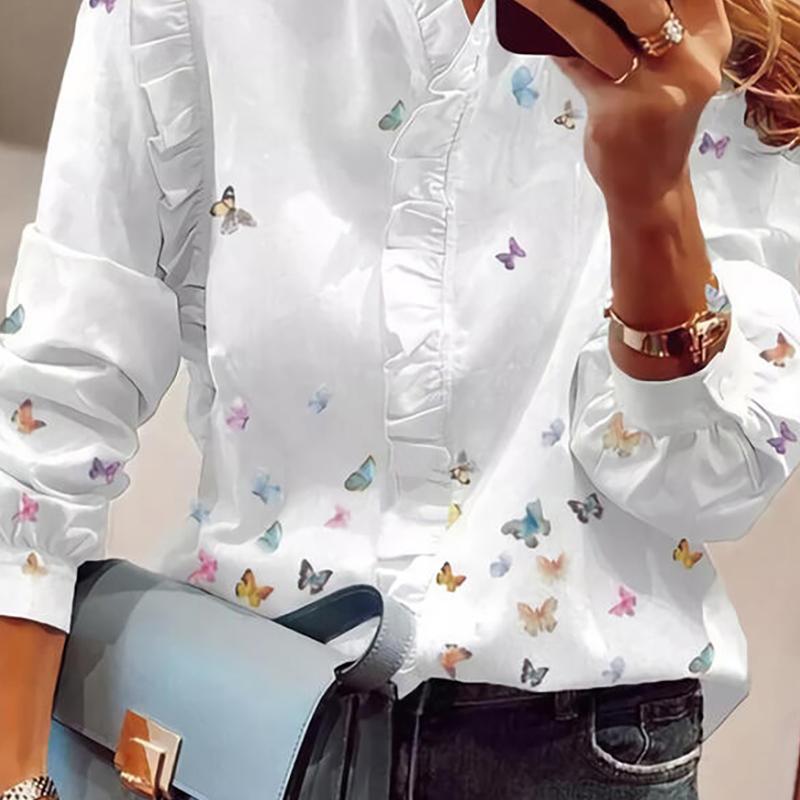 Womens Blouses Shirts Women Elegant Fashion Butterfly Print Top Ruffled Trim Casual Long Sleeve Blouse AAA Discount for in-store purchases