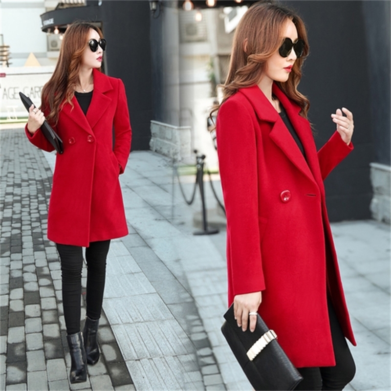 New Autumn Winter Long Wool Coat Women Slim Turn-down Collar Coats Woman Korean Black Coats Casaco Feminino Plus Size Red 201102