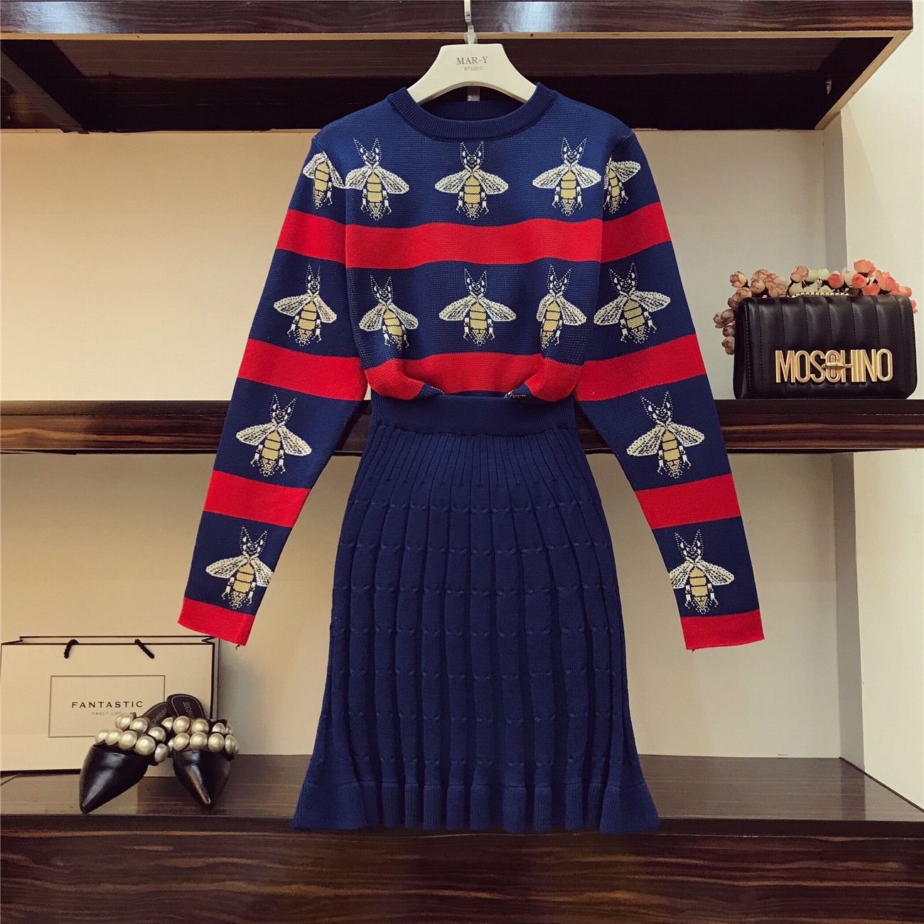 ALPHALMODA 2018 Bees Hit Striped Colored Women Knitted Sweater Skirt Suits OL Autumn Winter Vintage Fashion Clothing Sets
