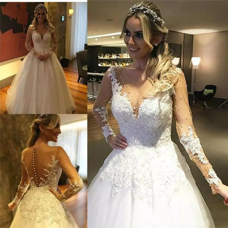2022 Exquisite Long Sleeves A Line Wedding Dresses Bridal Gowns Sexy Sheer Back Buttons Appliques Lace Pearls Beaded Spring Tulle Garden Bride Dress P