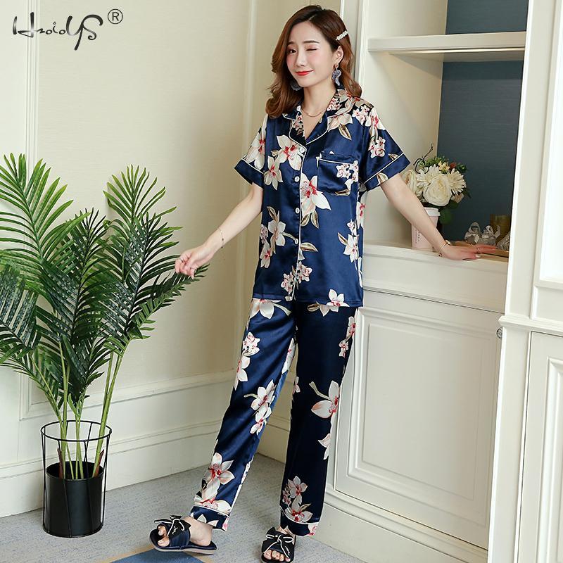Floral Silk Pajamas Set Women Satin Sleepwear Short Sleeves Long Pants Sleep Suit Ladies Silk Pyjamas Home Clothing Nightwear 210203