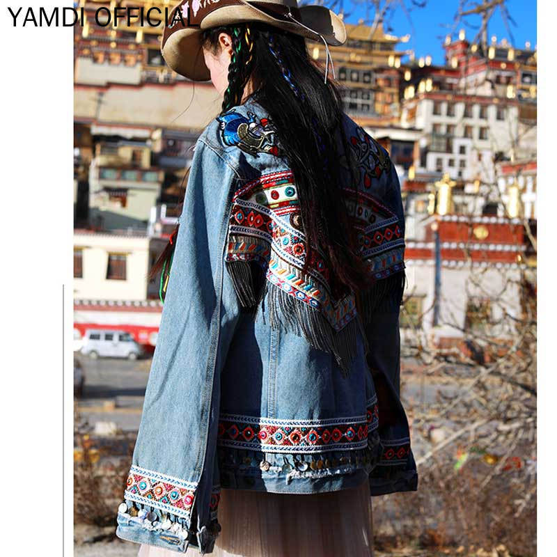 YAMDI Women Embroidered Denim Jacket Vintage Long Sleeve Coat Festival Runway Embellished Jacket Chic Ladies Chaqueta 201017