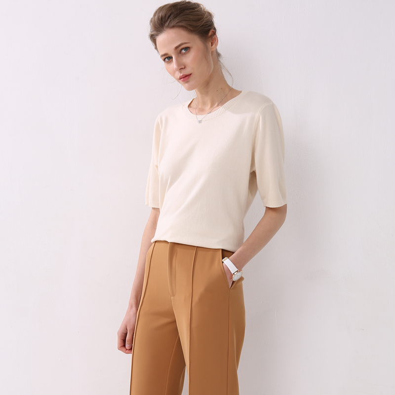 spring and autumn women's large solid wool cashmere sweater short sleeve round-neck sweaters knit sweater computer oversize 201023