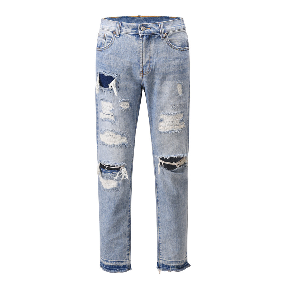 Washed Blue Jeans Ripped Holes Autumn Streetwear -36