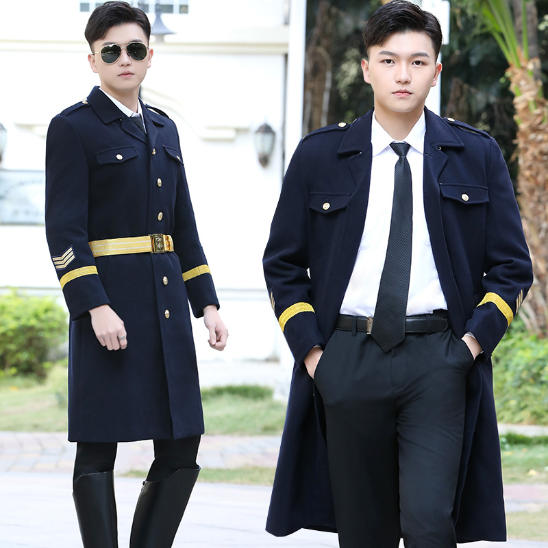 Men's Wool & Blends Airline captain woolen Overcoat male pilot thick property security winter clothing wool annual meeting performance Trench Coa