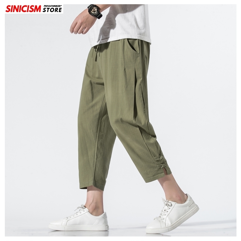 Sinicism Store Men Solid Summer Beach Pants Mens Cotton Linen Trousers Male Oversize Chinese Style CalfLength Pants 5XL 201110